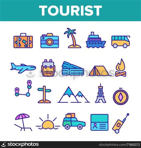 Tourism And Travel Around World Vector Linear Icons Set. Traveling To Different Countries, Islands. Hiking, camping, cruise and road trip outline cliparts. Tourist Adventures Thin Line Illustration. Tourism And Travel Around World Vector Linear Icons Set