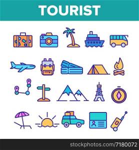 Tourism And Travel Around World Vector Linear Icons Set. Traveling To Different Countries, Islands. Hiking, camping, cruise and road trip outline cliparts. Tourist Adventures Thin Line Illustration. Tourism And Travel Around World Vector Linear Icons Set