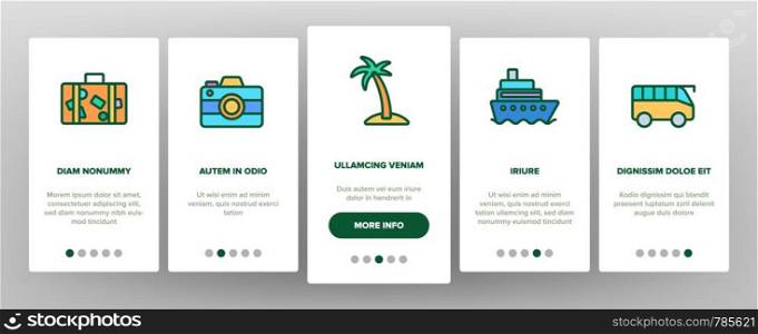 Tourism And Travel Around World Vector Onboarding Mobile App Page Screen. Traveling To Different Countries, Islands. Hiking, camping, cruise and road trip outline. Tourist Adventures Illustration. Tourism And Travel Around World Vector Onboarding