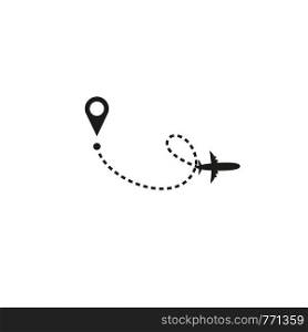 Tourism and travel concept. Airplane line path on white background. Vector icon of air plane flight route with dash line trace, start point and transfer point. Vector illustration.. Tourism and travel concept. Airplane line path on white background. Vector icon of air plane flight route with dash line trace, start point and transfer point. Vector illustration