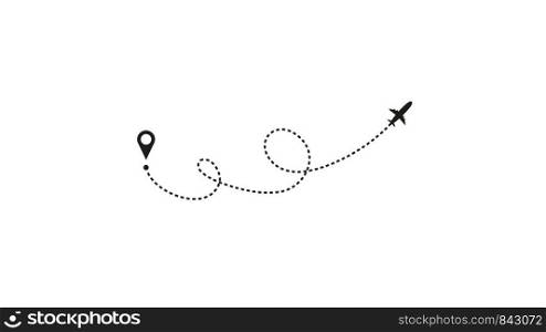 Tourism and travel concept. Airplane line path on white background. Vector icon of air plane flight route with dash line trace, start point and transfer point. Vector illustration.. Tourism and travel concept. Airplane line path on white background. Vector icon of air plane flight route with dash line trace, start point and transfer point. Vector illustration