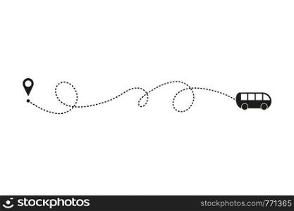 Tourism and travel concept. Bus line path on white background. Vector icon of bus route with dash line trace, start point and transfer point. Vector illustration.. Tourism and travel concept. Bus line path on white background. Vector icon of bus route with dash line trace, start point and transfer point. Vector illustration