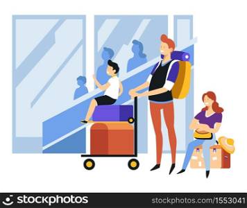 Tourism and traveling Family at airport baggage or luggage flight vector mother father and son suitcase and backpack waiting summer vacation or holidays abroad parents and child trolley or cart. Family at airport tourism and traveling baggage or luggage flight