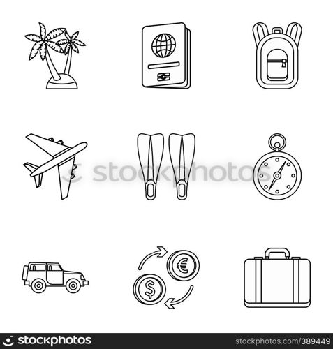 Tourism at sea icons set. Outline illustration of 9 tourism at sea vector icons for web. Tourism at sea icons set, outline style