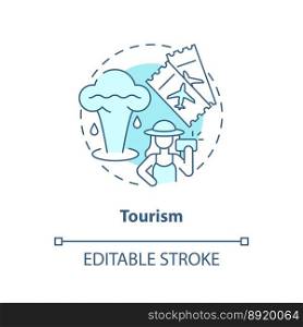 Tourism blue concept icon. Geyser. Tourist attraction. Usage of geothermal energy abstract idea thin line illustration. Isolated outline drawing. Editable stroke. Arial, Myriad Pro-Bold fonts used. Tourism blue concept icon