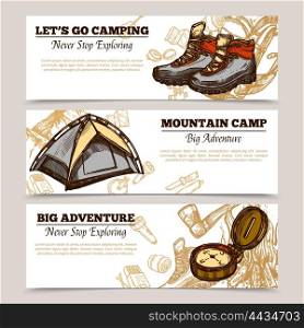 Tourism Camping Hiking Banners. Horizontal tourism banners set presenting lets go camping mountain camp and big adventure hand drawn vector illustration