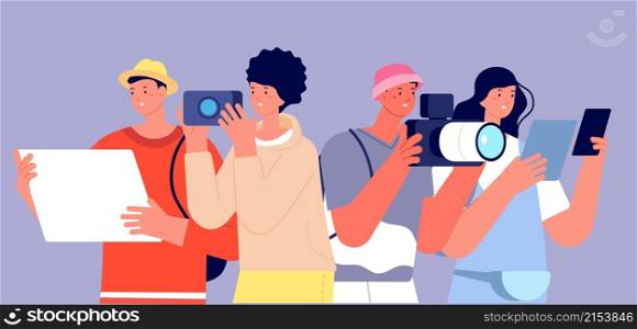 Tourism characters. Tour group vacation, people with photo and map looking around. Happy travellers, friends together vector scene. Illustration of traveler character guide with camera to tourism. Tourism characters. Tour group vacation, people with photo and map looking around. Happy travellers, friends together vector scene