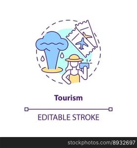 Tourism concept icon. Geyser. Tourist attraction. Usage of geothermal energy abstract idea thin line illustration. Isolated outline drawing. Editable stroke. Arial, Myriad Pro-Bold fonts used. Tourism concept icon