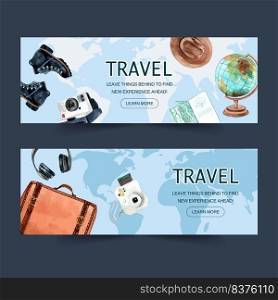 Tourism day banner design with baggage, boots, polaroid camera, headphones watercolor illustration    