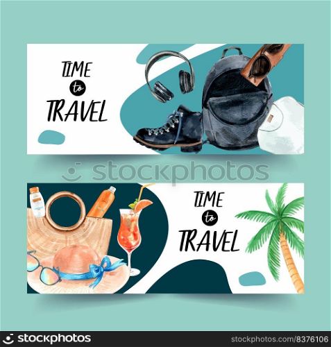 Tourism day banner design with beach bag, boots, headphones, waves watercolor illustration    