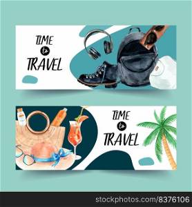 Tourism day banner design with beach bag, boots, headphones, waves watercolor illustration    