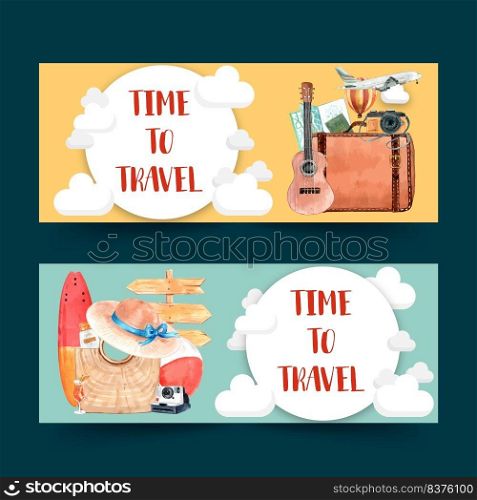 Tourism day banner design with clouds, culture, adventure, airplane watercolor illustration    