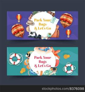 Tourism day banner design with colorful balloon, summer sky watercolor illustration    