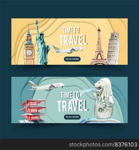 Tourism day banner design with Europe and Asia landmarks, statues watercolor illustration    