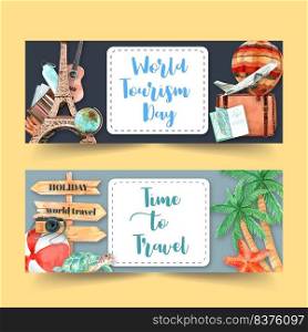 Tourism day banner design with France, Leaning Tower of Pisa, baggage  watercolor illustration    