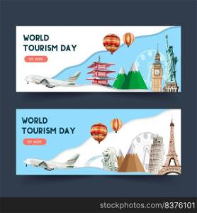 Tourism day banner design with globe, Asia, Europe, balloon watercolor illustration    