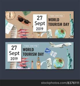 Tourism day banner design with landmarks of Japan, Singapore, England watercolor illustration    