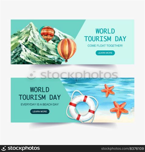 Tourism day banner design with nature, mountain, colorful balloon, ocean  watercolor illustration    