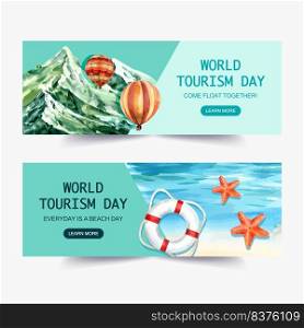 Tourism day banner design with nature, mountain, colorful balloon, ocean  watercolor illustration    