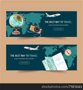 Tourism day banner design with plane, flight, camera, compass watercolor illustration