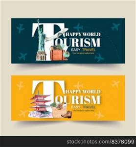Tourism day banner design with sculpture, map, palace, passport watercolor illustration    