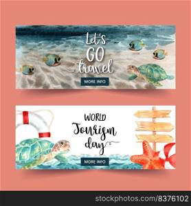 Tourism day banner design with sea, wave, fish, turtle watercolor illustration    