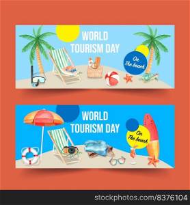 Tourism day banner design with swim ring, umbrella, surfboard, starfish watercolor illustration    