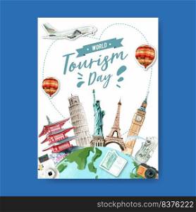 Tourism day Poster design of a globe with castle, tower, statue watercolor illustration    