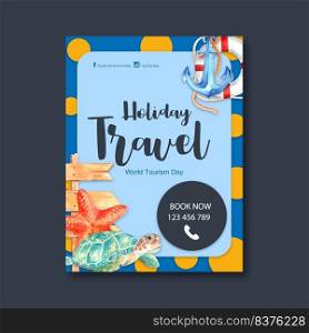 Tourism day Poster design with anchor, swim ring, starfish, turtle watercolor illustration    