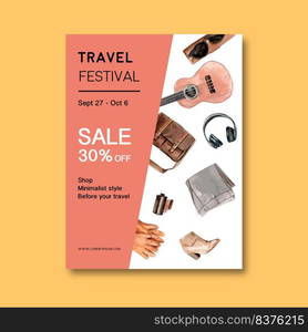 Tourism day Poster design with bag, boots, sunglasses, gloves  watercolor illustration    