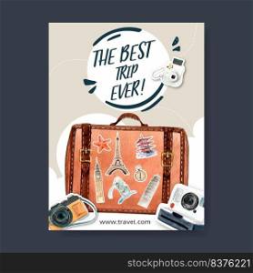 Tourism day Poster design with baggage, polaroid camera, appliance watercolor illustration    