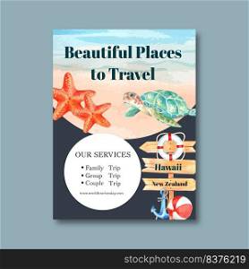 Tourism day Poster design with beach, starfish, turtle, ball, anchor watercolor illustration    