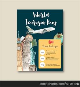 Tourism day Poster design with Big ben clock tower, Pisa Tower, statue watercolor illustration    