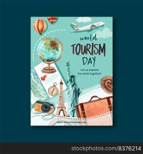 Tourism day Poster design with globe, camera, bag, hat, map watercolor illustration    