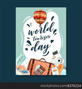 Tourism day Poster design with luggage, hat, sunscreen, polaroid camera watercolor illustration    