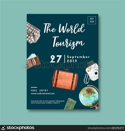 Tourism day Poster design with shirt, wallet, baggage, polaroid camera watercolor illustration    