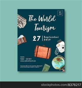 Tourism day Poster design with shirt, wallet, baggage, polaroid camera watercolor illustration    