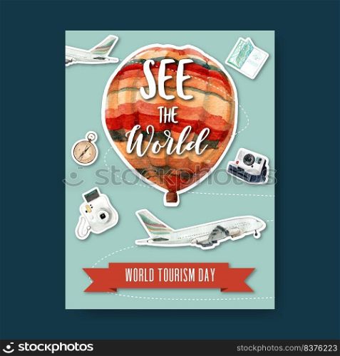 Tourism day Poster design with sky, airplane, balloon, map, compass watercolor illustration    