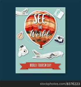 Tourism day Poster design with sky, airplane, balloon, map, compass watercolor illustration    