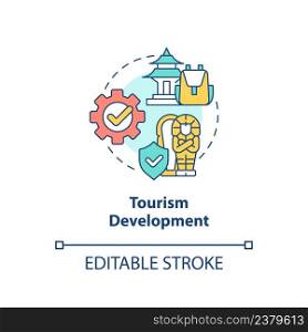 Tourism development concept icon. Observing local landmarks. Heritage preservation abstract idea thin line illustration. Isolated outline drawing. Editable stroke. Arial, Myriad Pro-Bold fonts used. Tourism development concept icon