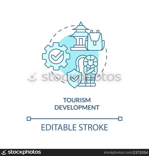 Tourism development turquoise concept icon. Local landmarks. Heritage preservation abstract idea thin line illustration. Isolated outline drawing. Editable stroke. Arial, Myriad Pro-Bold fonts used. Tourism development turquoise concept icon