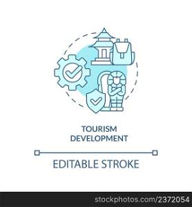Tourism development turquoise concept icon. Local landmarks. Heritage preservation abstract idea thin line illustration. Isolated outline drawing. Editable stroke. Arial, Myriad Pro-Bold fonts used. Tourism development turquoise concept icon