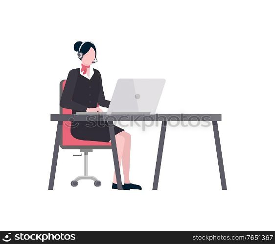Tourism field vector, agent working on computer looking for sales on tours for clients. Lady by computer laptop wearing headphones, sitting on chair. Time to Travel Tour Agent Sitting by Table Tourism