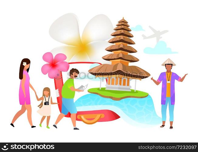 Tourism flat vector illustration. Family trip. Bali sightseeing. Temple. Guide. Indonesia, exotic country. Plumeria flower. Isolated cartoon concept on white background. Tourism flat vector illustration