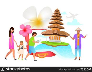 Tourism flat vector illustration. Family trip. Bali sightseeing. Temple. Guide. Indonesia, exotic country. Plumeria flower. Isolated cartoon concept on white background. Tourism flat vector illustration