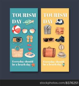 Tourism flyer design with beach ball, turtle, camera, bikini, accessories watercolor.