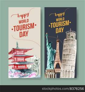 Tourism flyer design with Chureito pagoda, Merlion, Leaning Tower of Pisa watercolor illustration.
