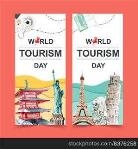 Tourism flyer design with Chureito pagoda, Merlion, Leaning Tower of Pisa watercolor illustration.