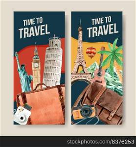 Tourism flyer design with Clock Tower, Leaning Tower of Pisa, Eifel watercolor illustration.
