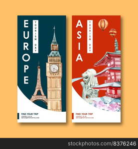 Tourism flyer design with Eifel, Clock Tower, Merlion, Chureito pagoda watercolor illustration.